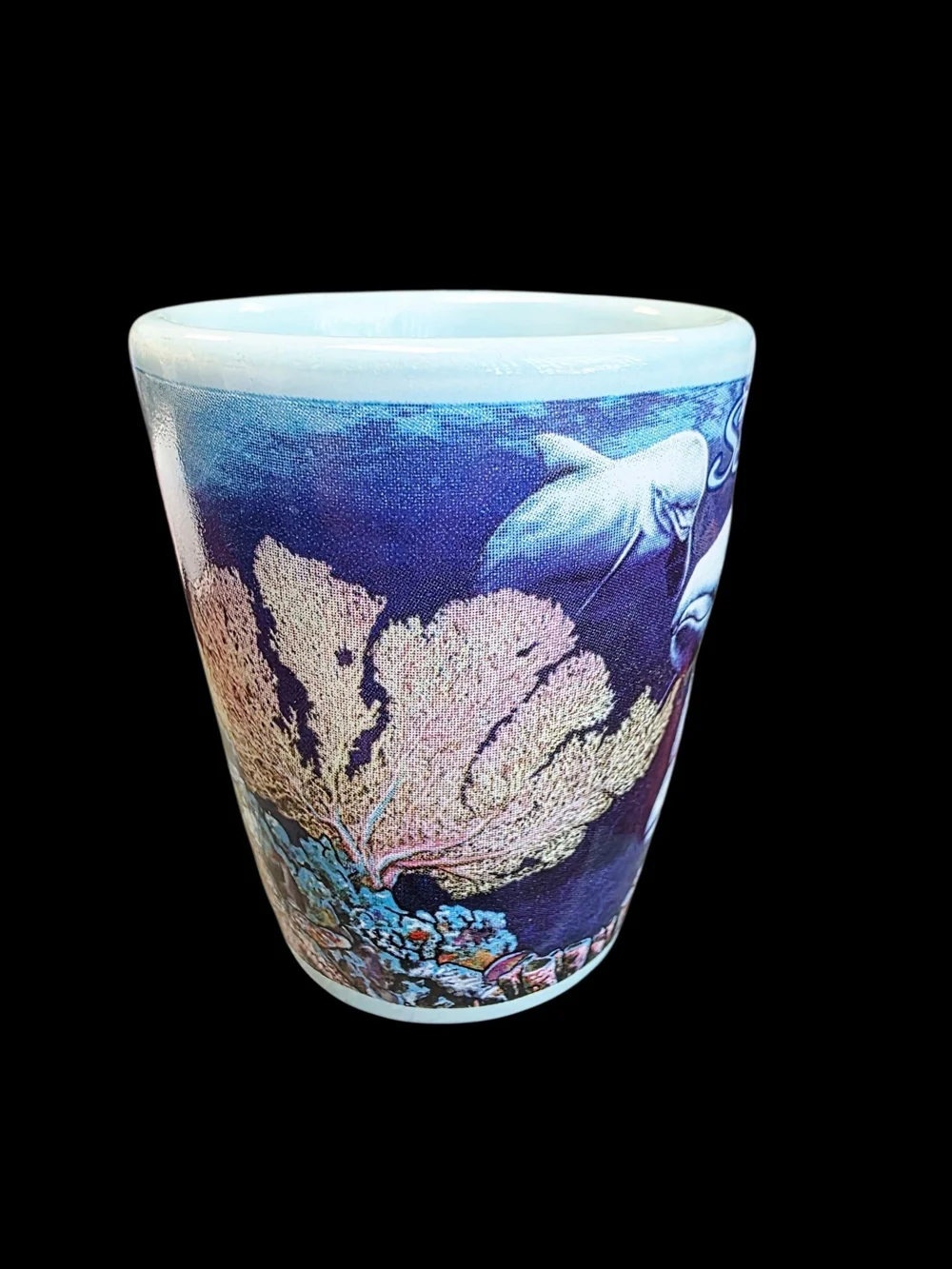 SeaWorld vintage 1994 White Ceramic Shot Glass Orca Whales Souvenir Keepsake
